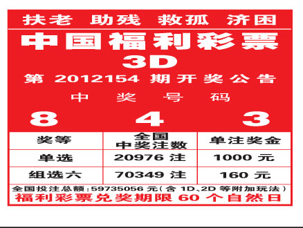 中国福利彩票3d第2012154期开奖公告