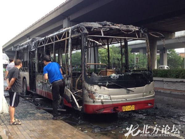 网友实拍:东丽区丰年村一辆公交车起火烧成空